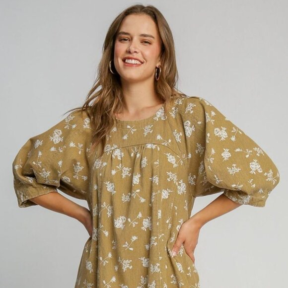 Umgee USA Dresses Umgee Raw Hem Floral Print Round Neck Denim Dress